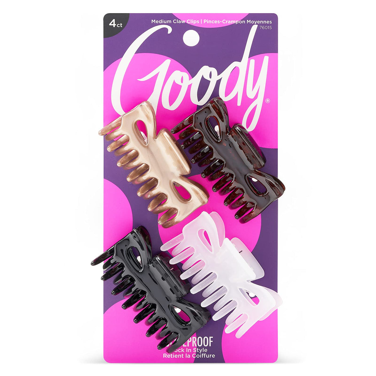 Goody SlideProof Classics Medianos Claw Clip, vista trasera, agarre estable para todo el día.