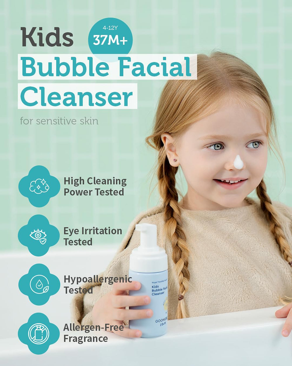 GOONGBE Kids limpiador de pH bajo en espuma suave para piel sensible.