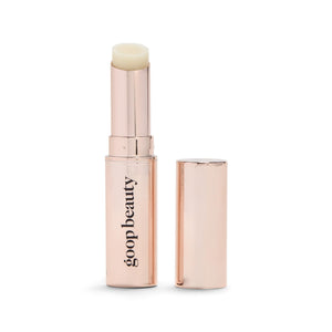 Goop Beauty Clean Lip Balm jar shows creamy texture for dry lips