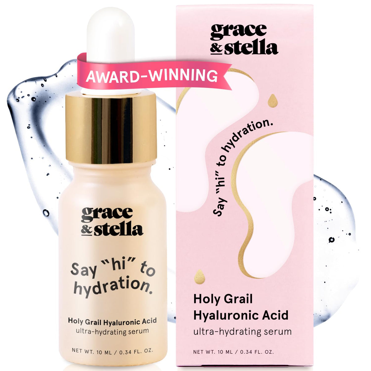 Grace & Stella serum hialurónico frasco, hidratación duradera para la piel.