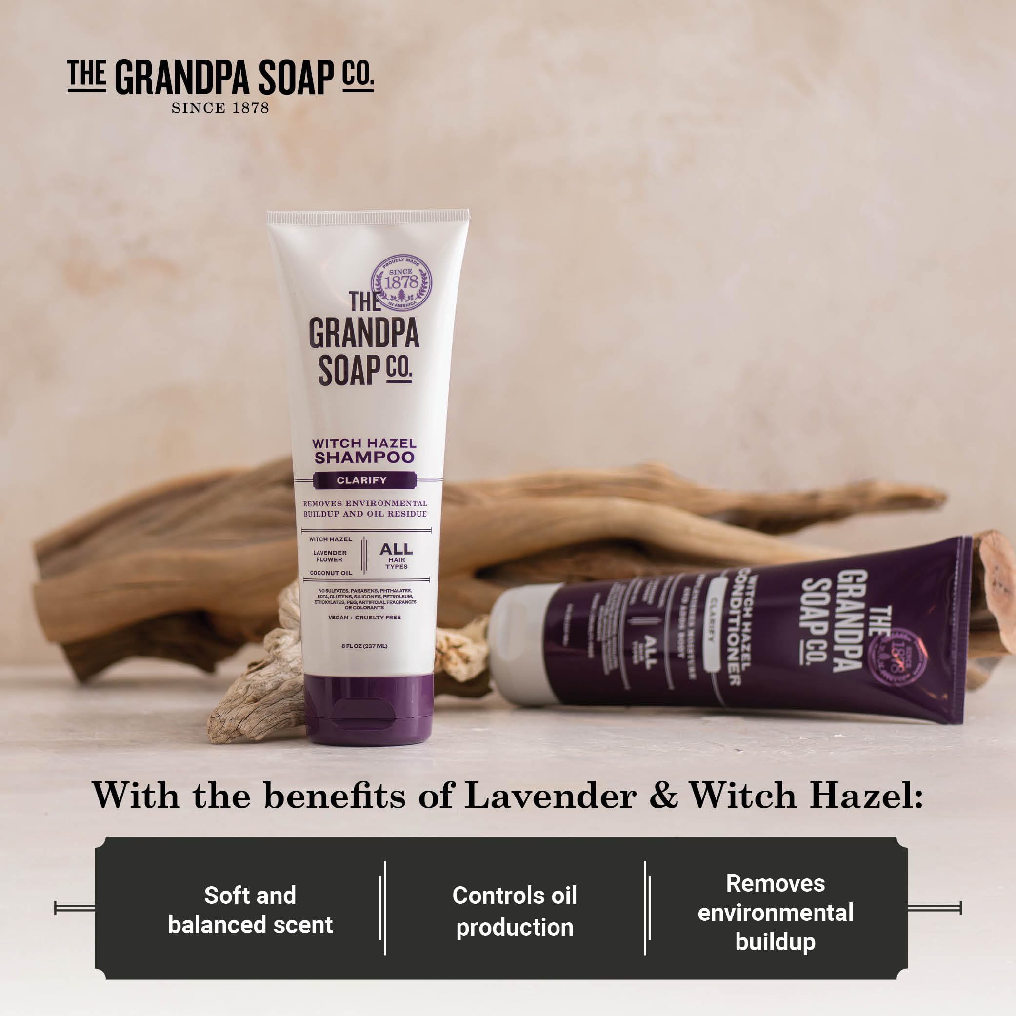 The Grandpa Soap Company Witch Hazel Shampoo ingredientes veganos y sin crueldad para uso diario.