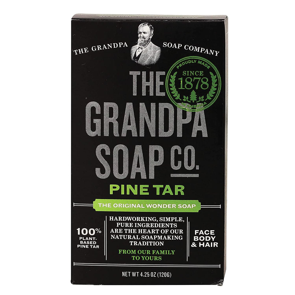 Grandpa's Jabon Pino Tar barra frontal, textura suave para la piel.