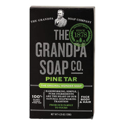 Grandpa's Jabon Pino Tar barra frontal, textura suave para la piel.
