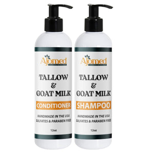 Shampoo de grasa de res y leche de cabra en botella, aporta hidratación profunda.