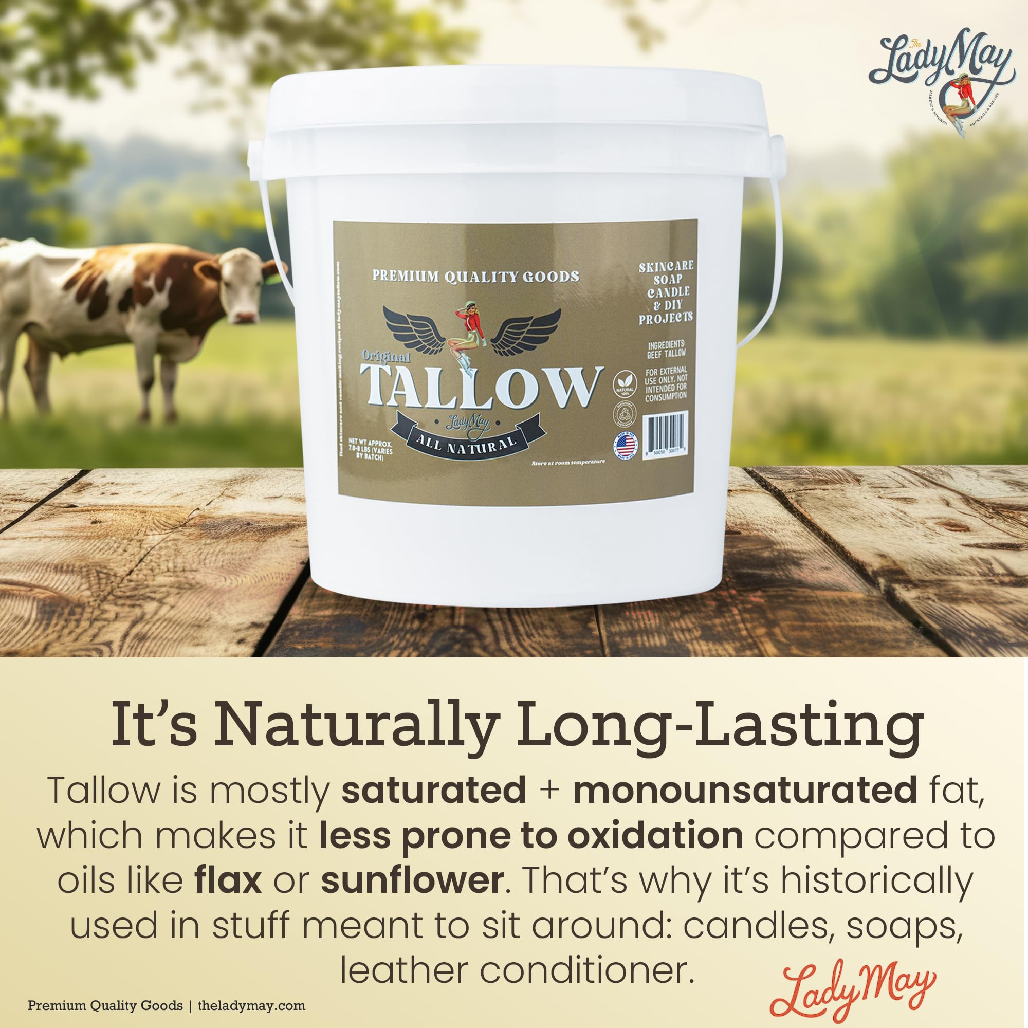 Grasa de vaca sin olor Lady May Tallow, ideal para formulaciones neutras.