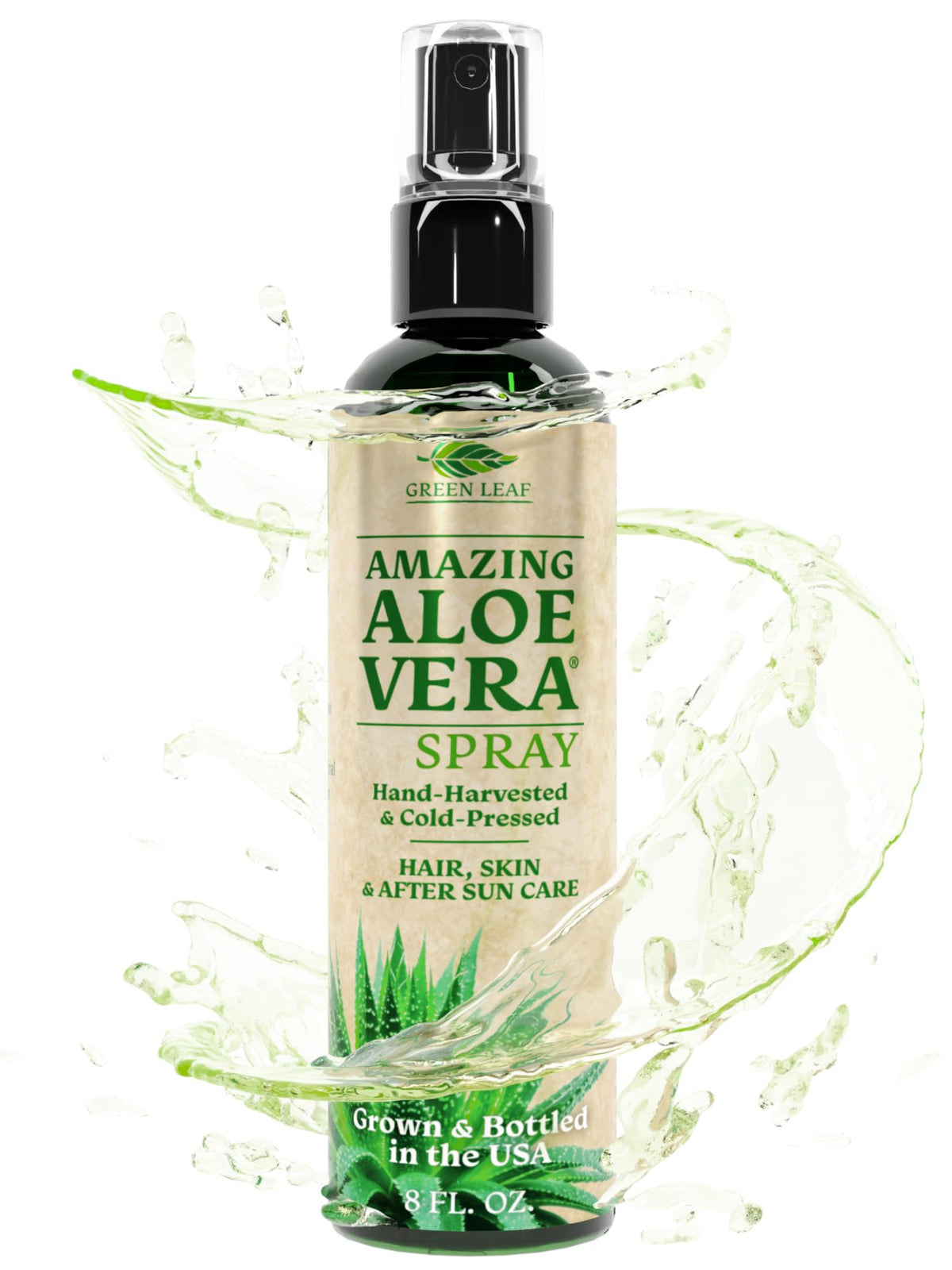 Green Leaf Naturals Aloe Vera Spray en frasco, hidratación suave para la piel.