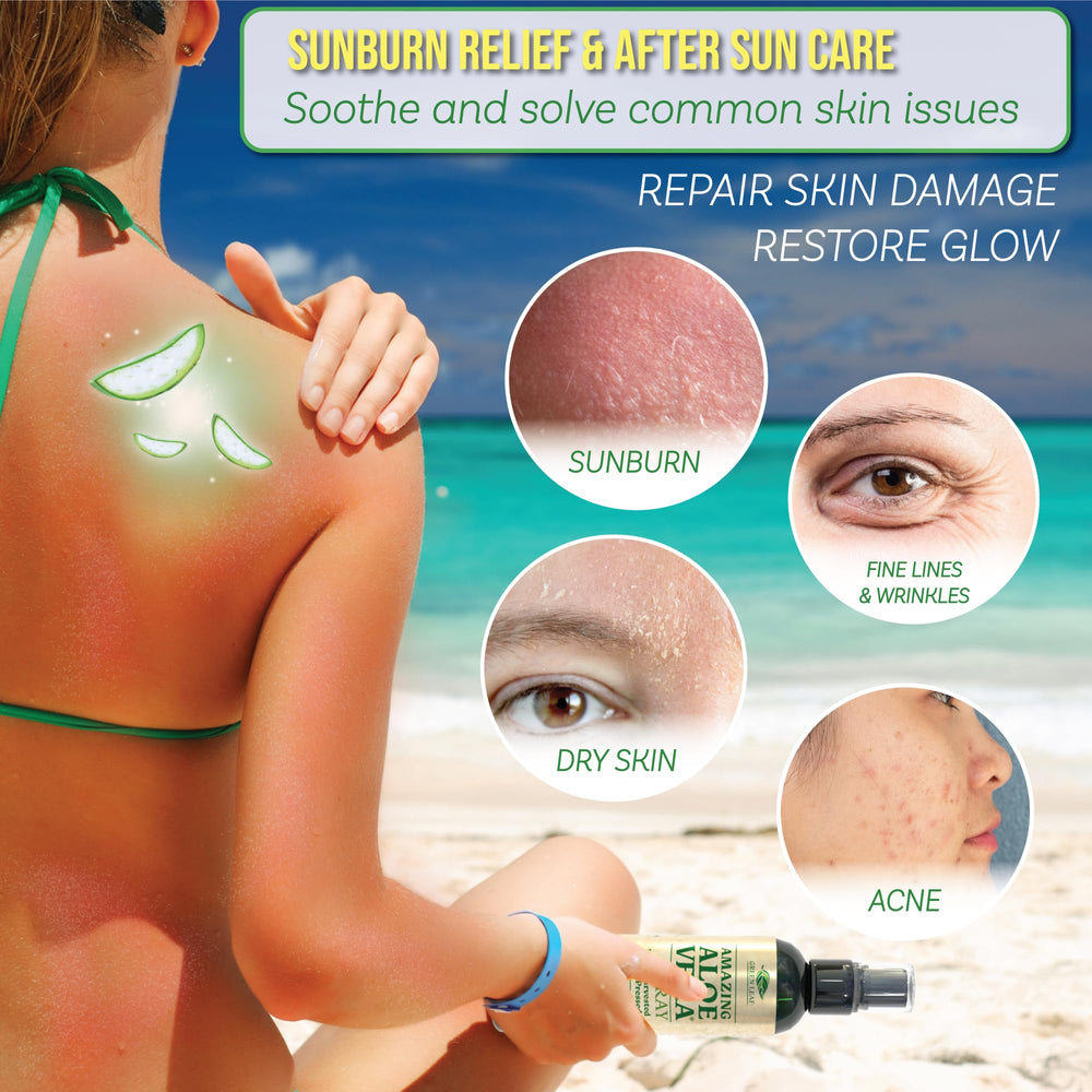 Green Leaf Naturals Aloe Vera Spray, etiqueta frontal visible para cuidado diario.