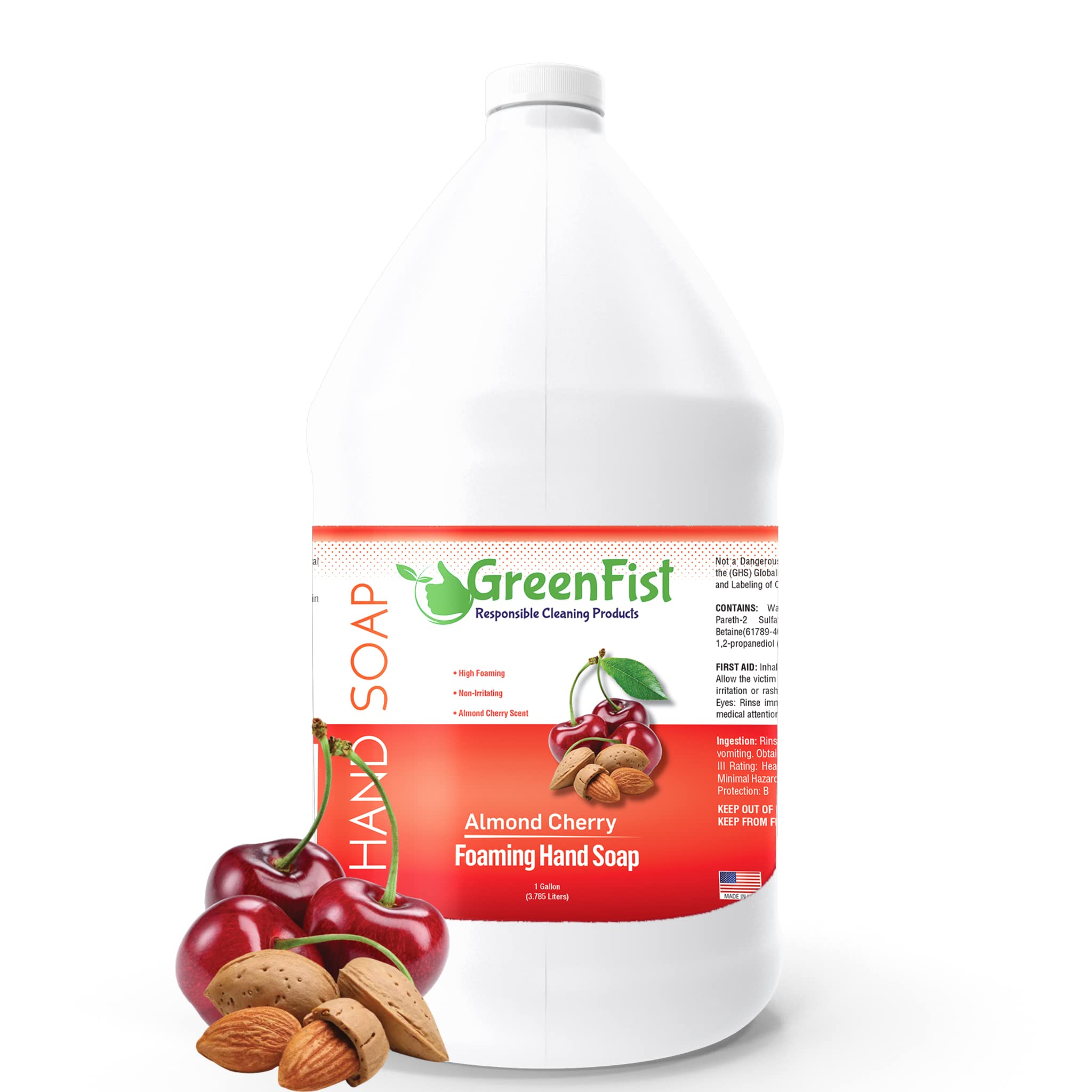 GreenFist jabón espumoso para manos con aroma almendra-cereza y botella lista para usar.