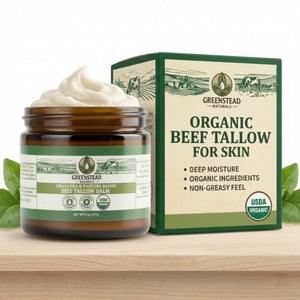 Greenstead Naturals manteca de res en envase, hidratación suave para la piel.