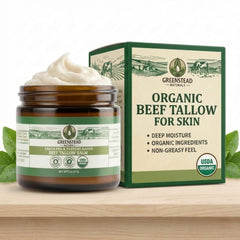 Greenstead Naturals manteca de res en envase, hidratación suave para la piel.