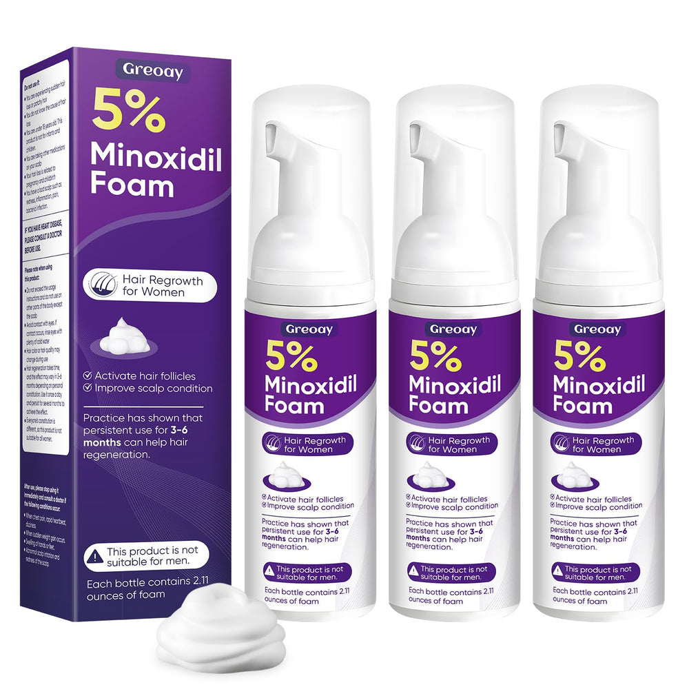 Greoay Espuma Minoxidil 5% para mujeres, caja del producto en primer plano, cuidado capilar.