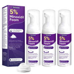 Greoay Espuma Minoxidil 5% para mujeres, caja del producto en primer plano, cuidado capilar.