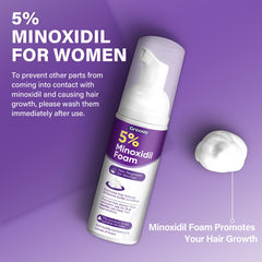 Greoay Minoxidil 5% espuma, etiqueta legible, información de uso para mujeres.