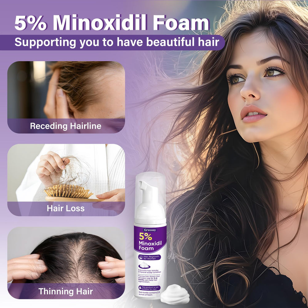 Greoay: rutina diaria de cuidado capilar con espuma Minoxidil para mujeres.