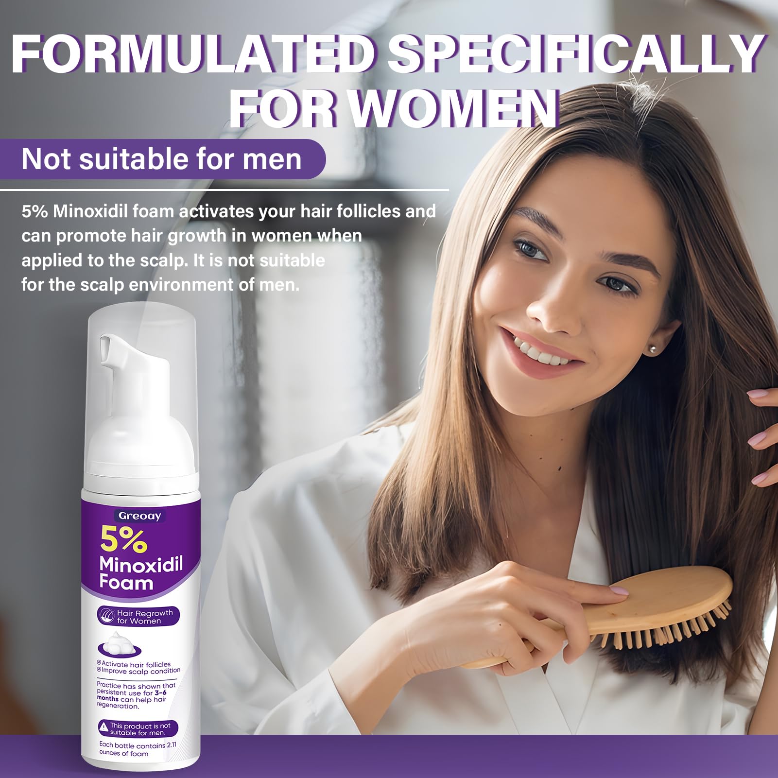 Greoay Minoxidil espuma, textura suave al aplicar sobre cuero cabelludo.