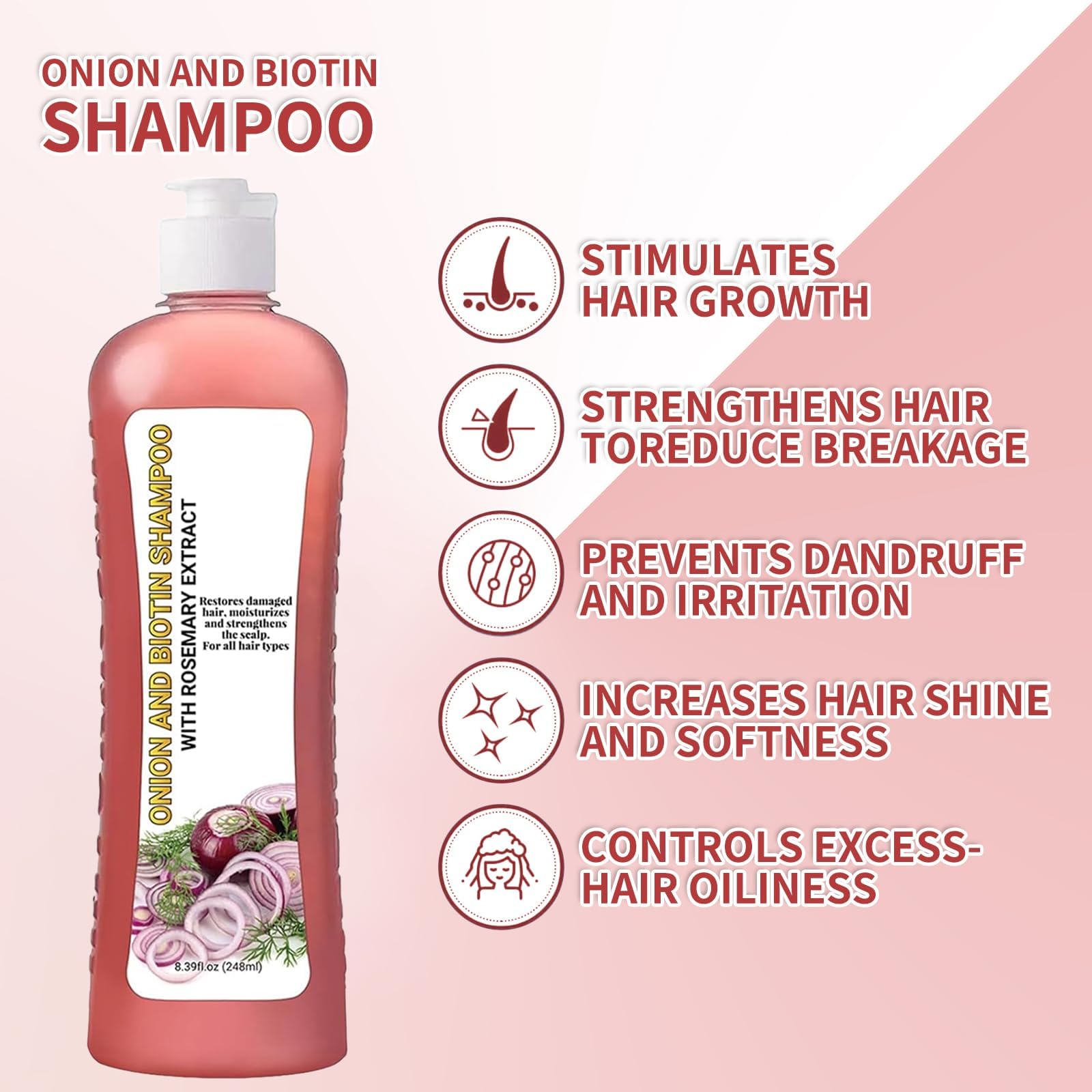 GROEI shampoo cebolla biotina, espuma suave y limpieza equilibrada.