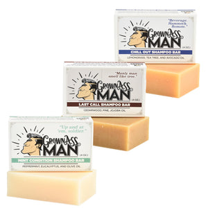 Grown Ass Man Co barra shampoo sólido con espuma densa para cabello limpio.