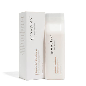 Growplex Replenish Conditioner mezcla botánica en frasco para hidratación suave.