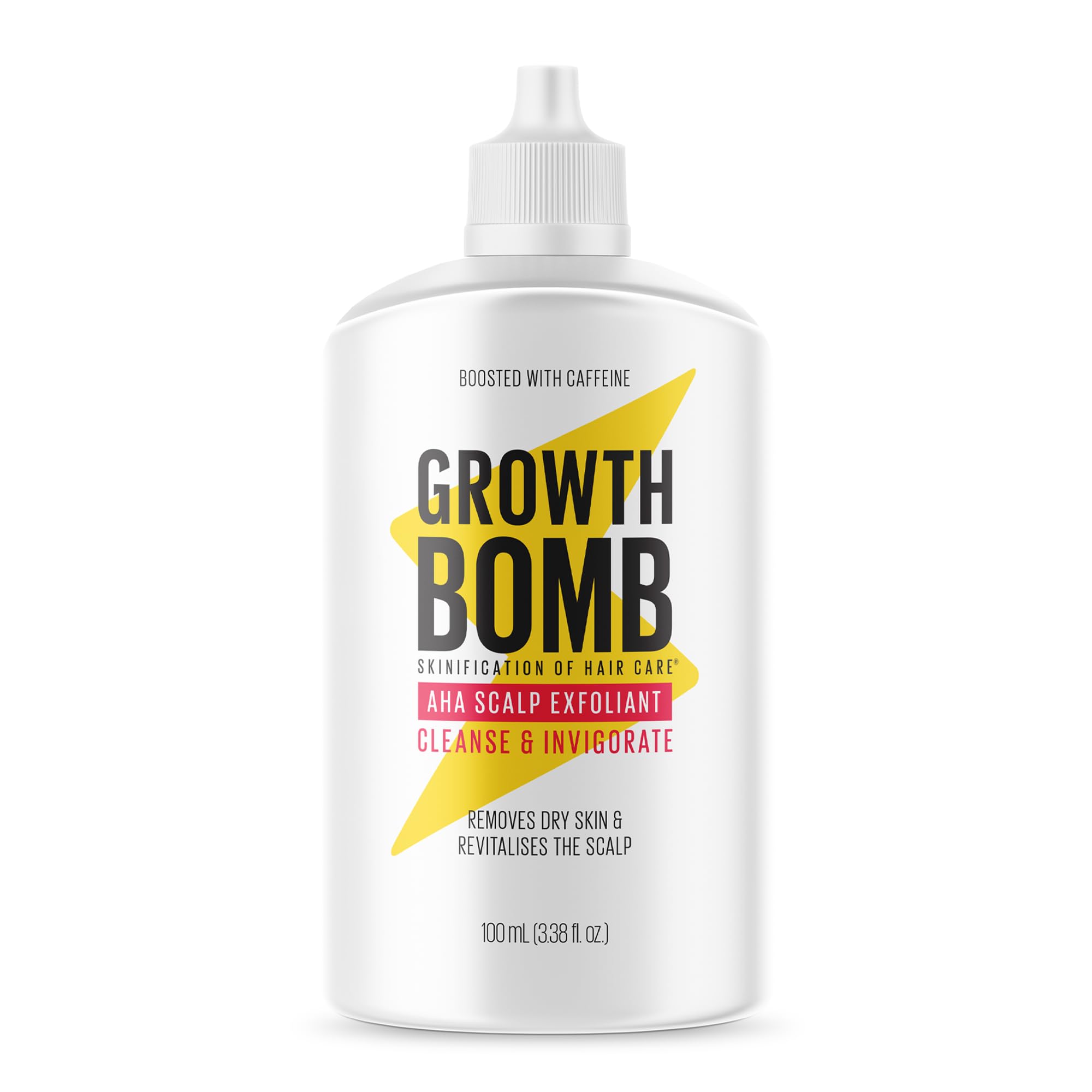 Growth Bomb exfoliante cuero cabelludo, bote: limpieza suave de acumulación para raíces más frescas.