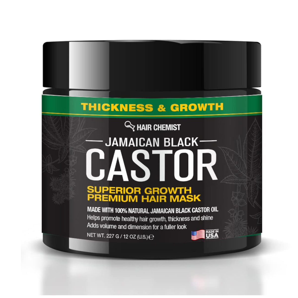 Hair Chemist Superior Growth mascarilla de aceite de castor negro jamaicano en botella para crecimiento natural.