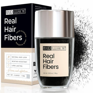 Hair Illusion botella de fibras para cabello negro con volumen inmediato.