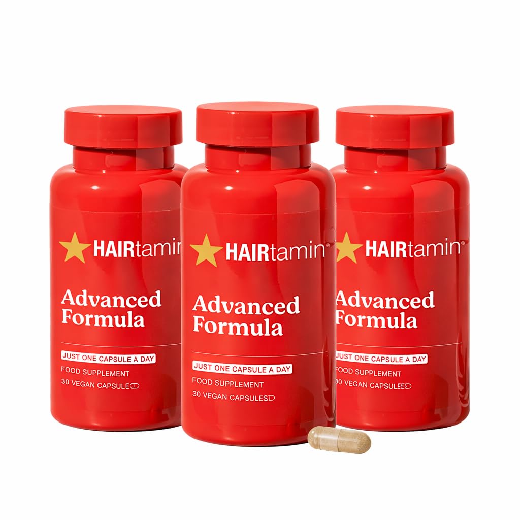 HAIRtamin Advanced Formula: botella vista frontal, posible mejora en aspecto del cabello.