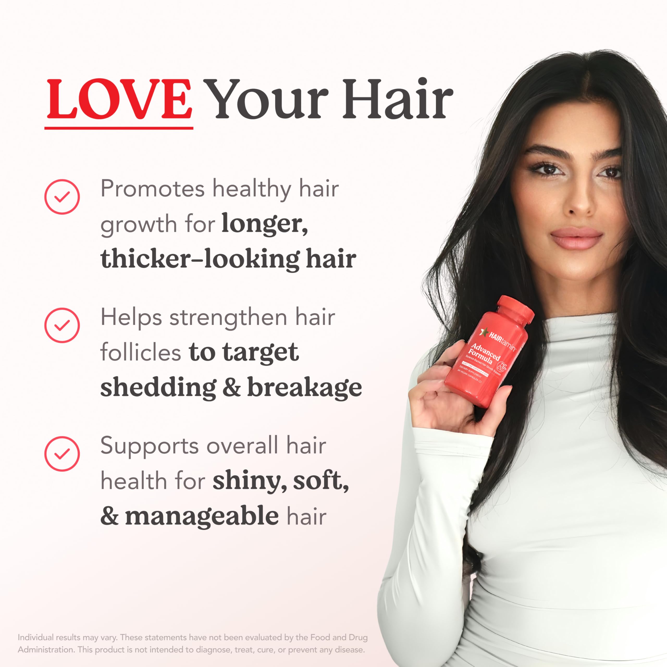 HAIRtamin Advanced Formula: etiqueta detalle, ingredientes clave para nutrir el cabello.