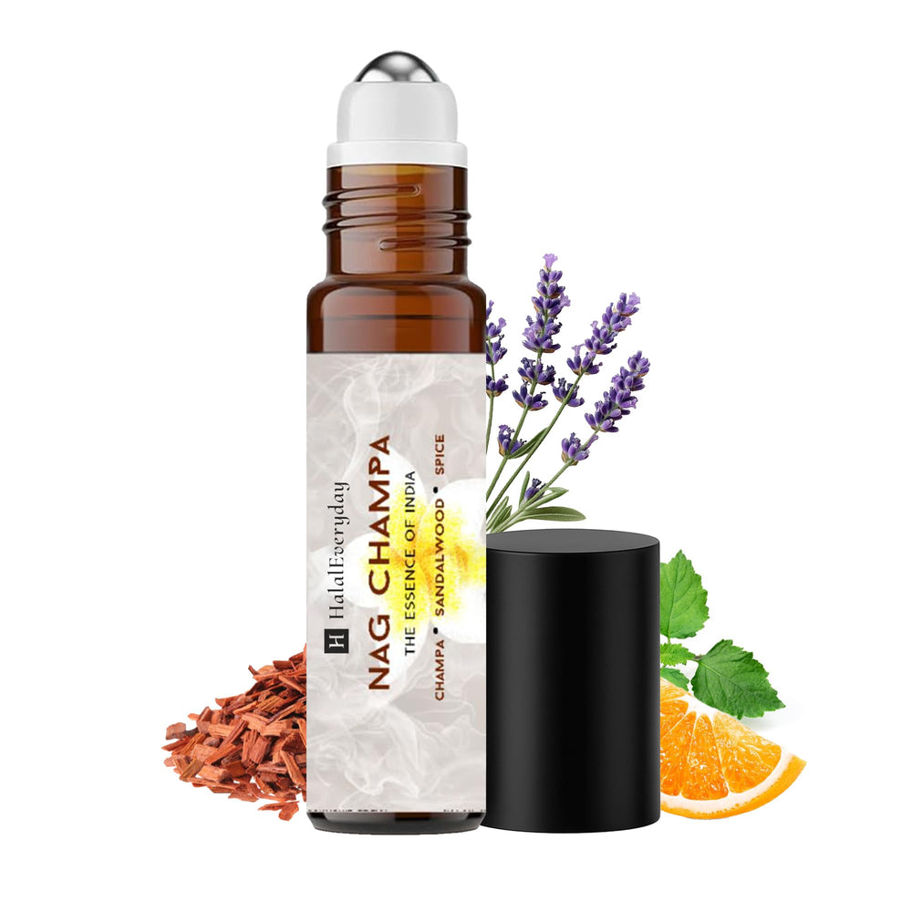 HalalEveryDay Nag Champa Roll-On: botella compacta para llevar.