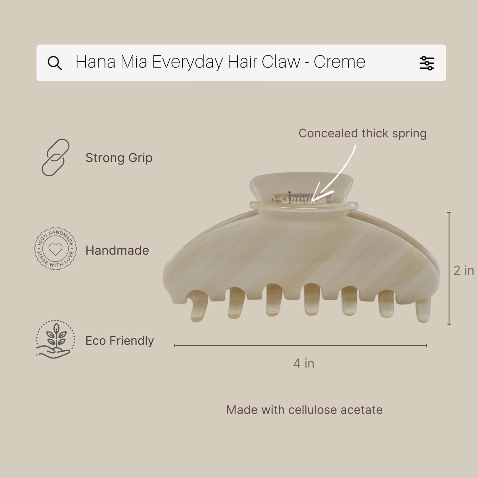 Hana Mia gancho de acetato crema con sujeción firme para peinados diarios.