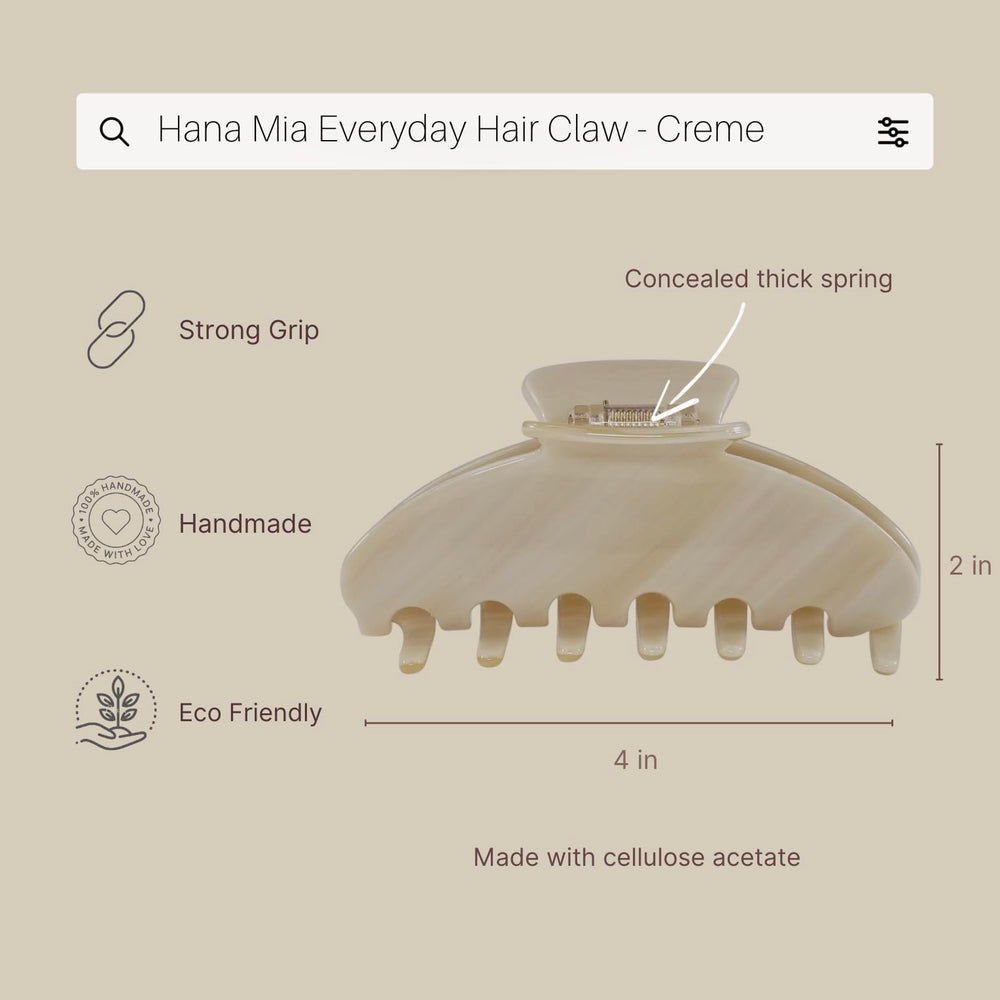 Hana Mia gancho de acetato crema con sujeción firme para peinados diarios.