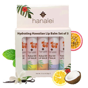 Bálsamo Hanalei: set de cinco tubos para hidratar labios.