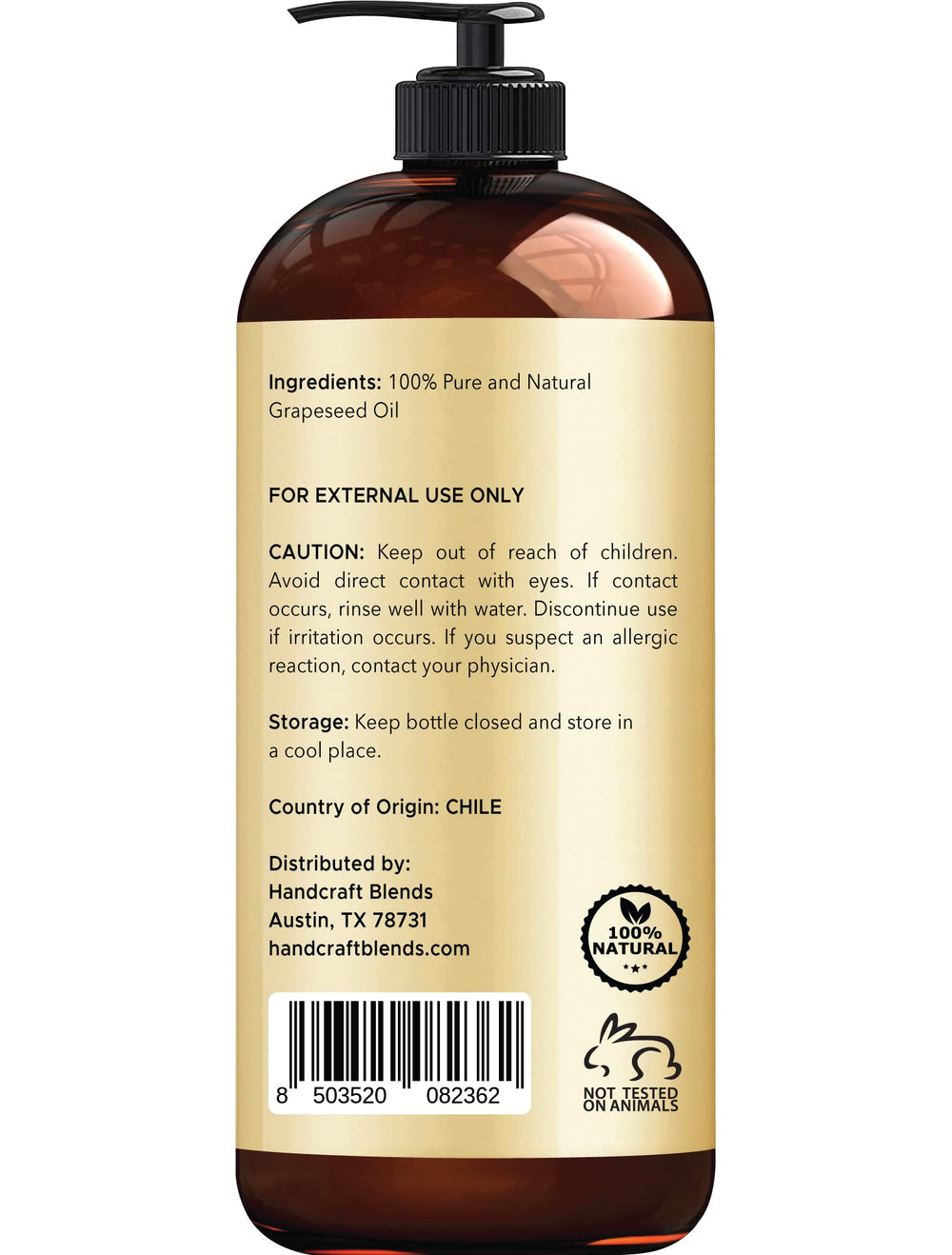 Handcraft Blends Aceite de semilla de uva, textura ligera, perfecta para rostro y cuerpo