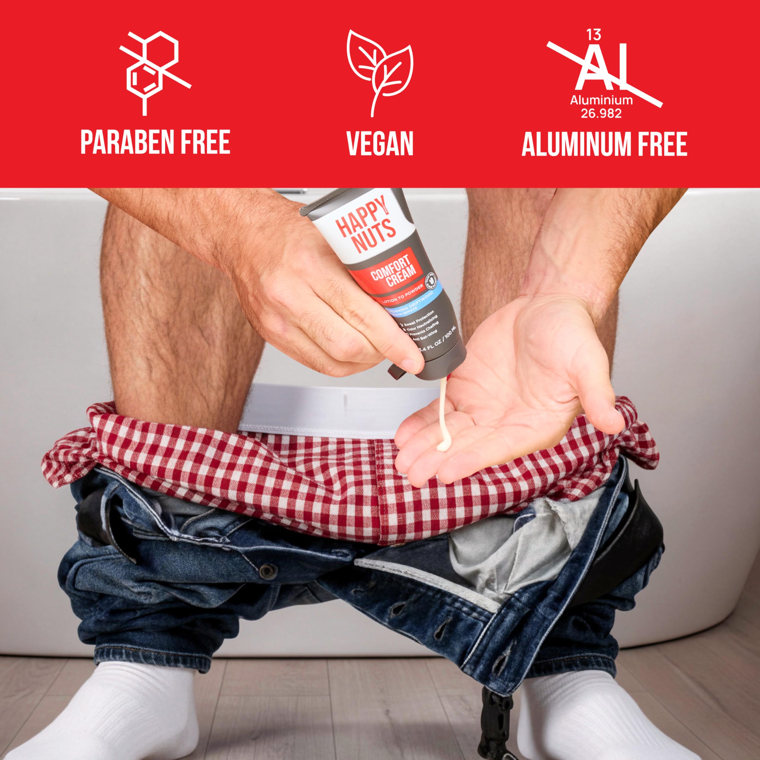 Happy Nuts Comfort Cream Deodorant dermatológicamente probado y libre de crueldad.