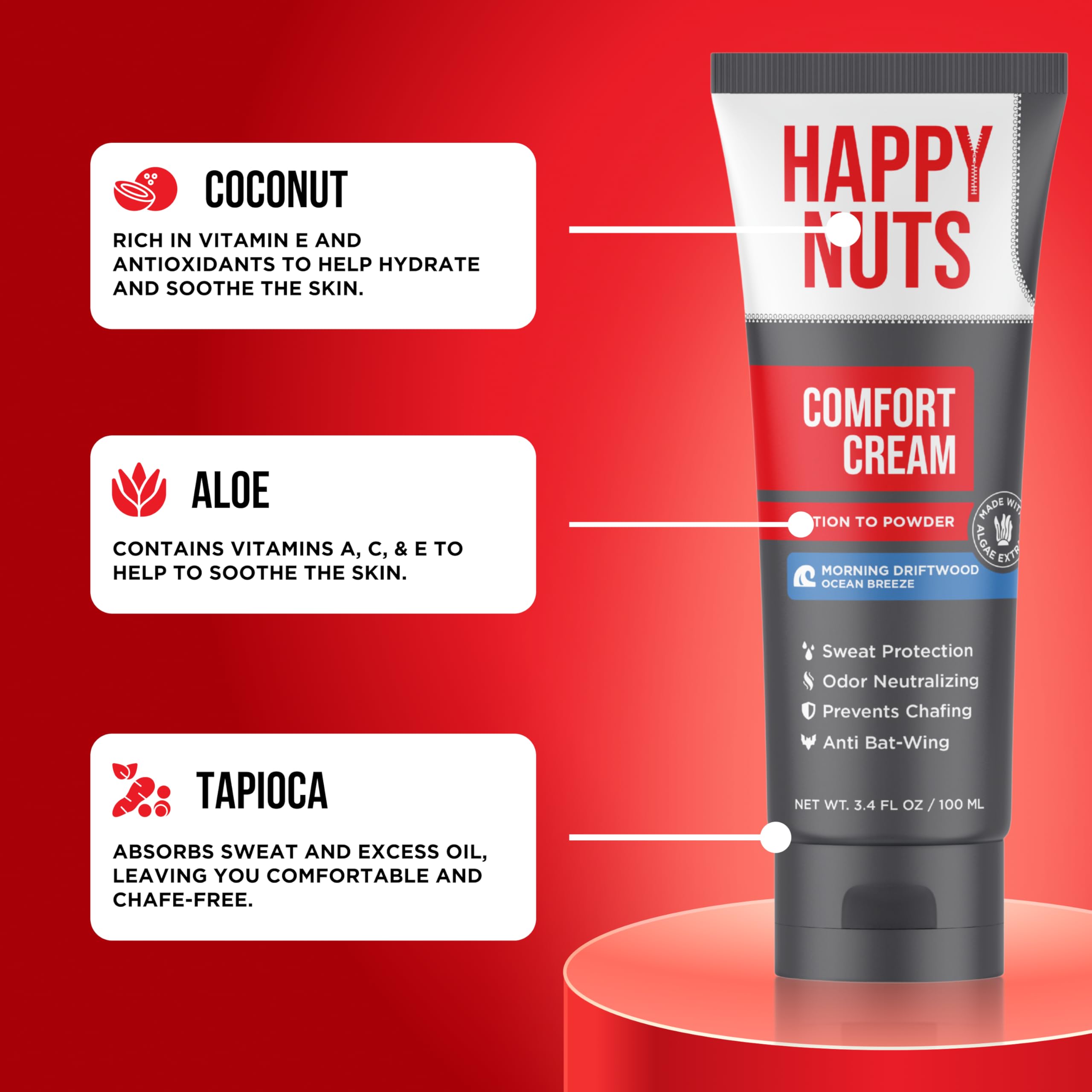 Ingredientes Coco Aloe Tapioca en Happy Nuts Comfort Cream Deodorant para cuidado suave.