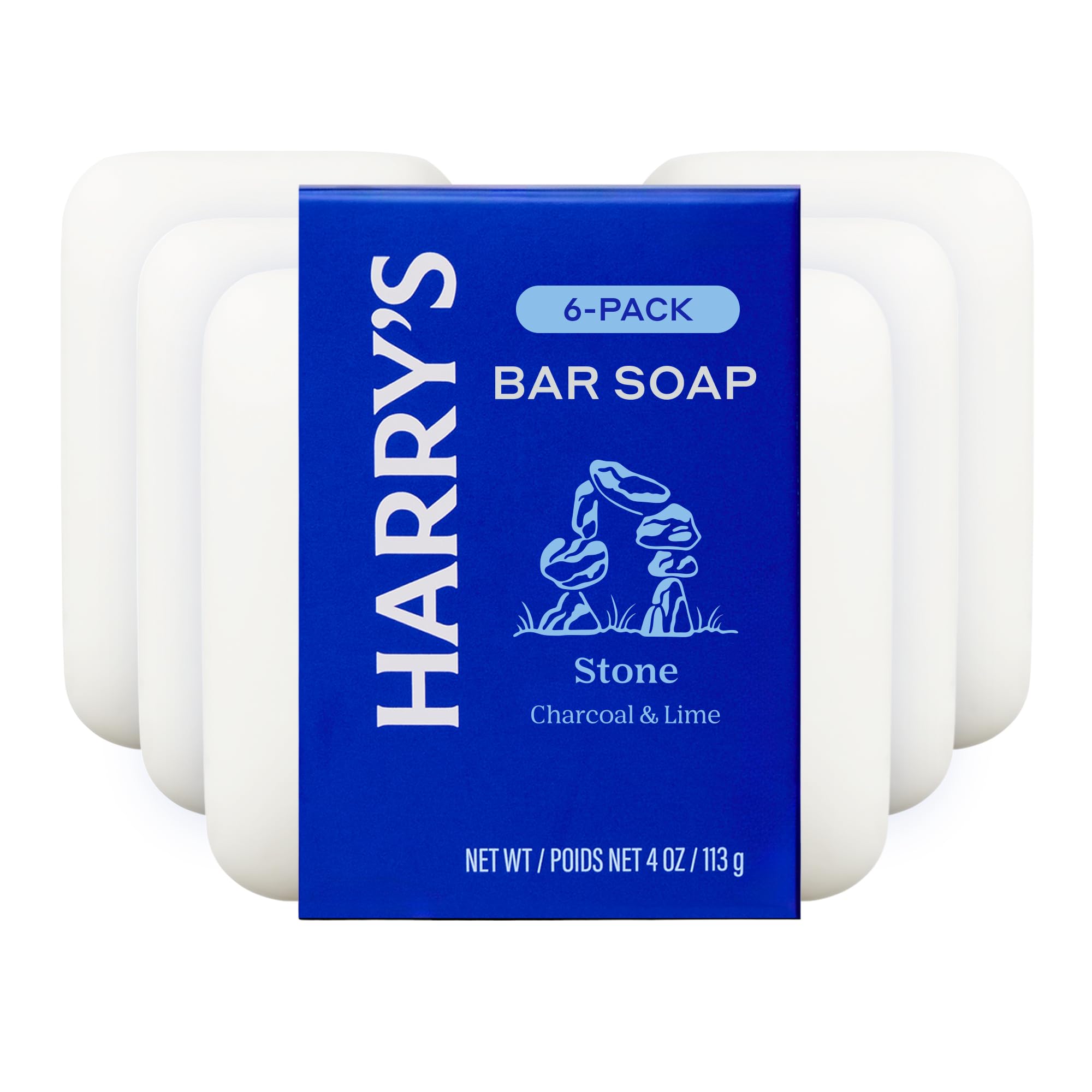Jabón en barra Harry's para hombre, fragancia Piedra y espuma cremosa para piel suave.