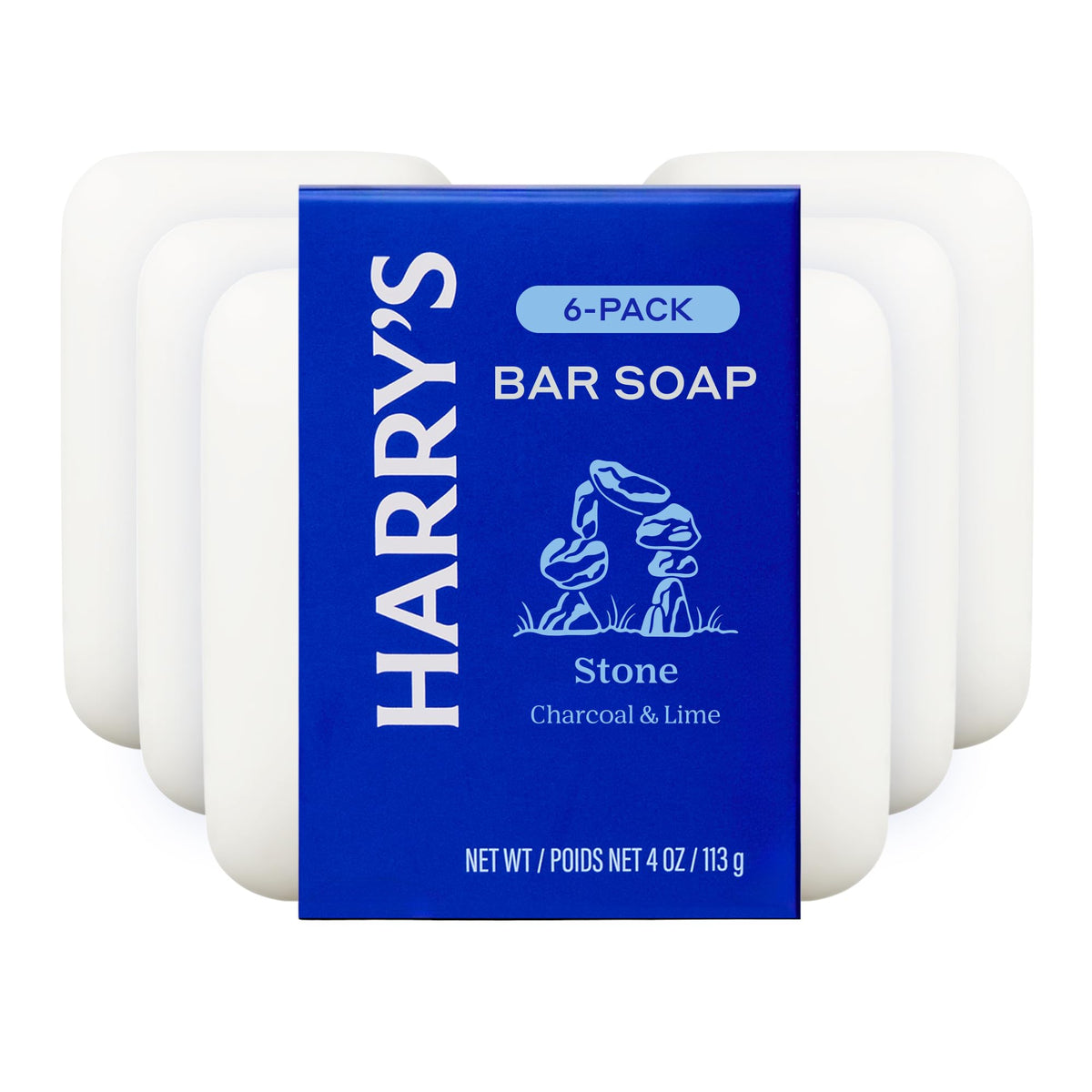 Jabón en barra Harry's para hombre, fragancia Piedra y espuma cremosa para piel suave.