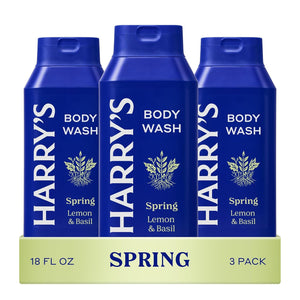 Harry's Spring body wash bottle pour shows rich lather for a full-body cleanse.