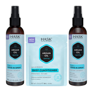 Acondicionador sin enjuague 5 en 1 de HASK en frascos: cabello suave y brillante.