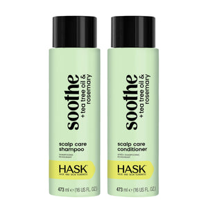 HASK champú y acondicionador conjunto, botella visible, limpieza suave para cuero cabelludo sano.