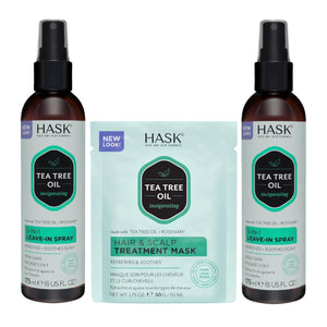 Acondicionador sin enjuague HASK Tea Tree Oil cinco-en-uno en spray, uso diario suave.