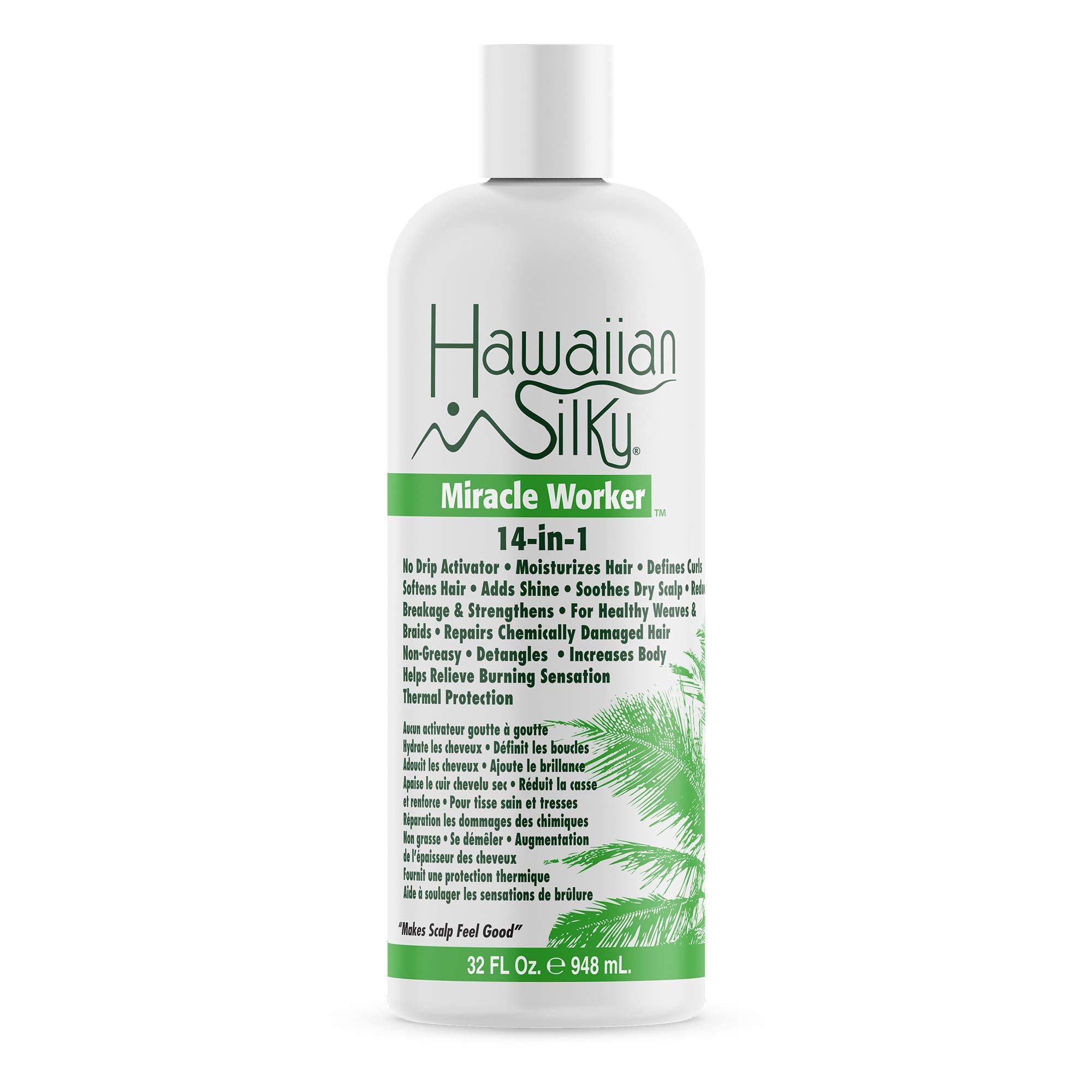 Hawaiian Silky Solucion Milagro 14-en-1, botella 32 oz, tratamiento capilar versátil para todo tipo de cabello.