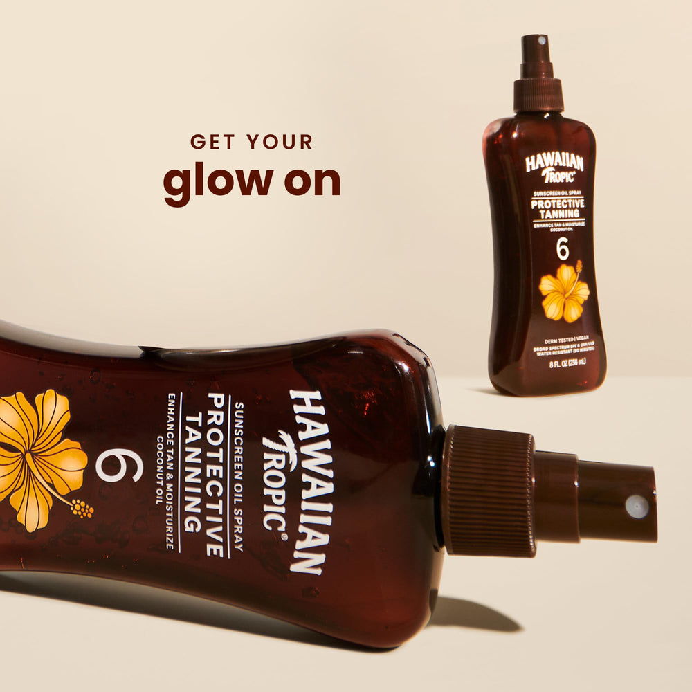 Aceite seco Coco y Manteca de Hawaiian Tropic, bronceado luminoso y ligero.