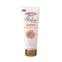 Loción corporal Hawaiian Tropic Aloha Glow en botella, hidratación de 12 horas para piel radiante.
