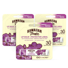Bálsamo labial Hawaiian Tropic pack 3 SPF 30 sabor tropical para hidratación diaria.