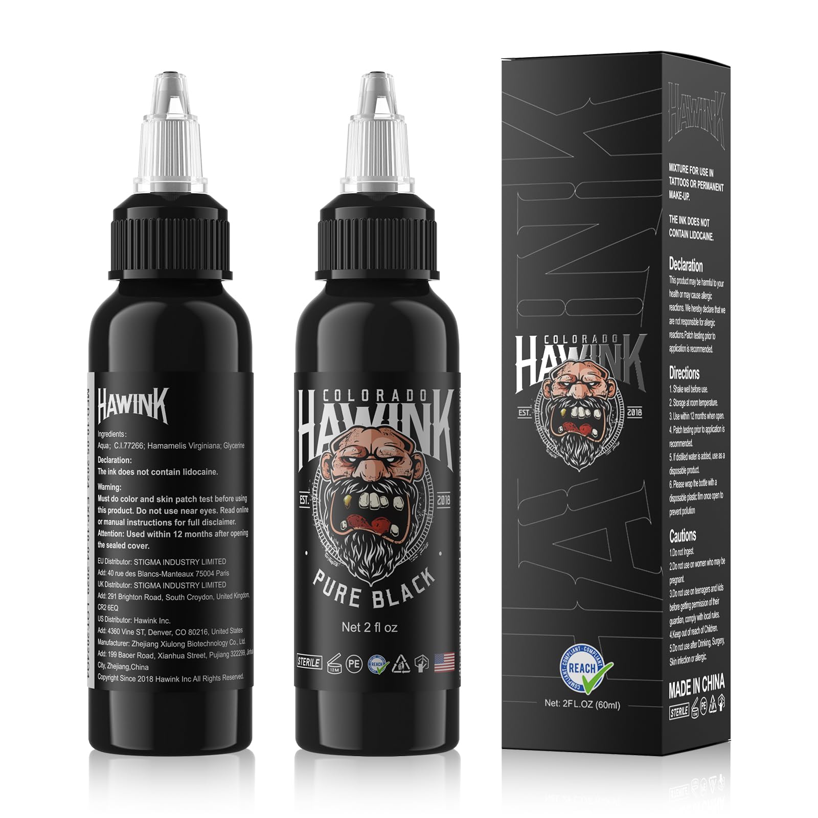 HAWINK tinta tatuaje negra 60 ml en botella, color estable para trazos definidos.