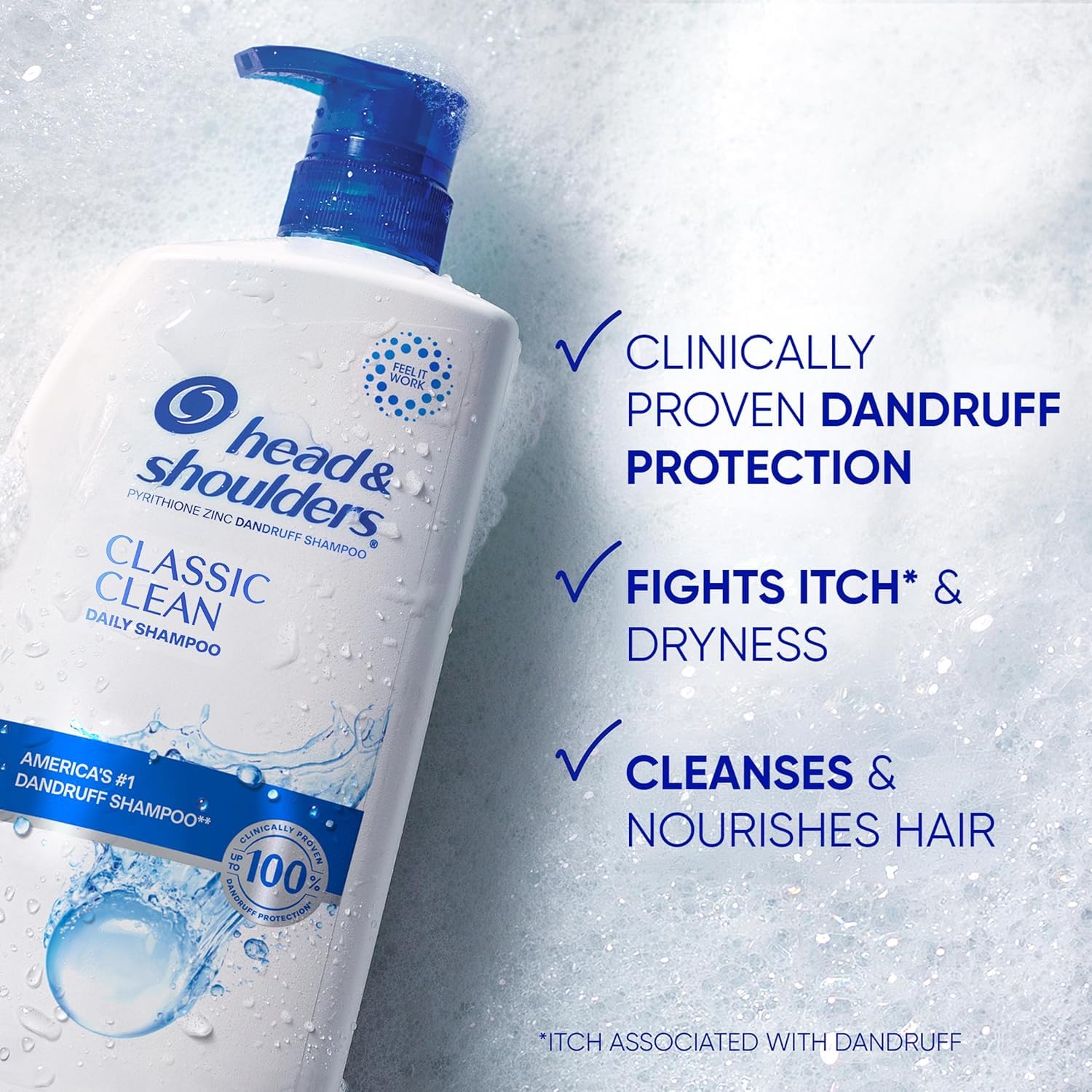 Head & Shoulders Classic Clean espuma densa para una limpieza profunda.