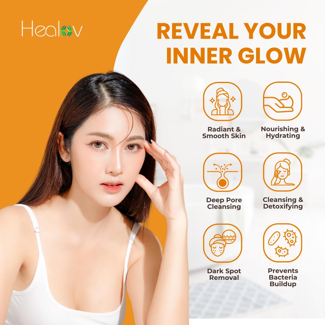 Healov Kojic Acid Soap espuma clara durante la ducha para sensación fresca.