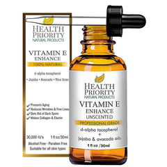 Health Priority Natural Products: botella de aceite vitamina E para piel suave y hidratada.