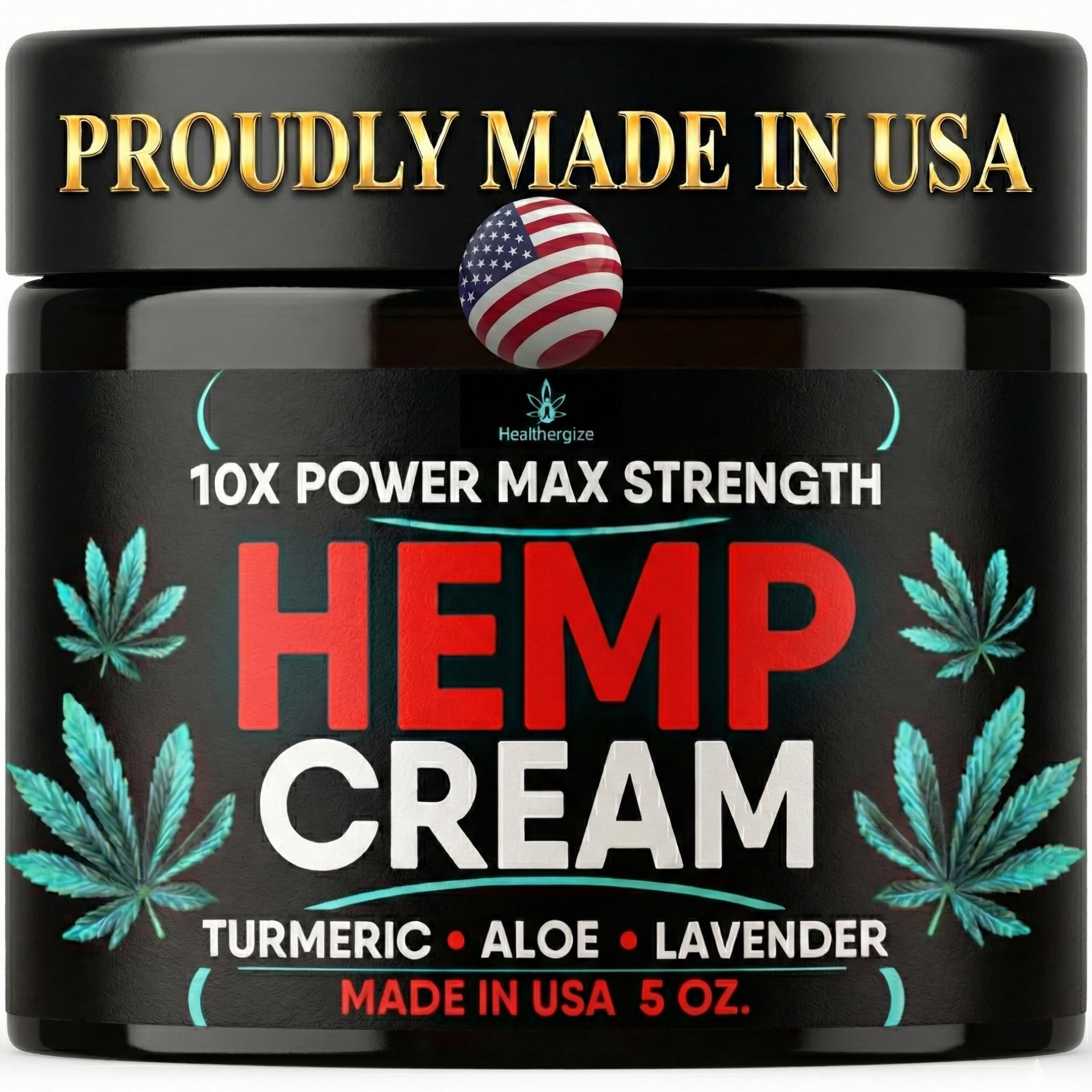 Healthergize crema de cáñamo para cuerpo, frente del frasco, hidratación rápida