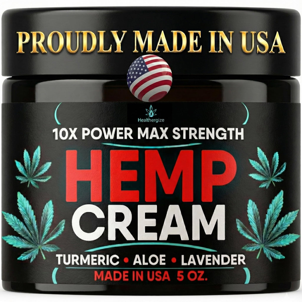 Healthergize crema de cáñamo para cuerpo, frente del frasco, hidratación rápida